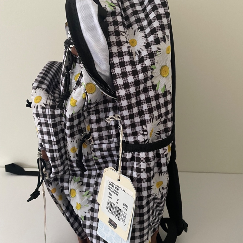 JanSport Black & White Checked Backpack With Daisy - Picture 2 of 7